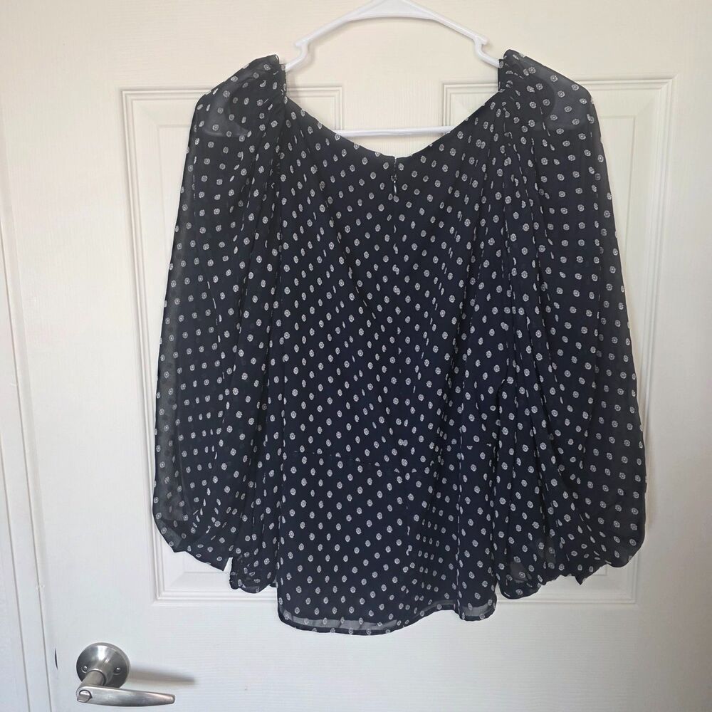 Express Navy Blue White Clip Dot Sweetheart Balloon Sleeve Ruched Blouse Large - Picture 3 of 9